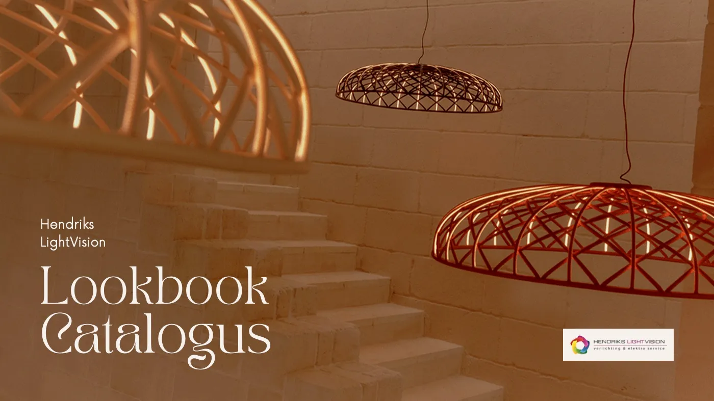 Omslag van het lookbook van Hendriks Lightvision: koperkleurige hanglampen boven een trap