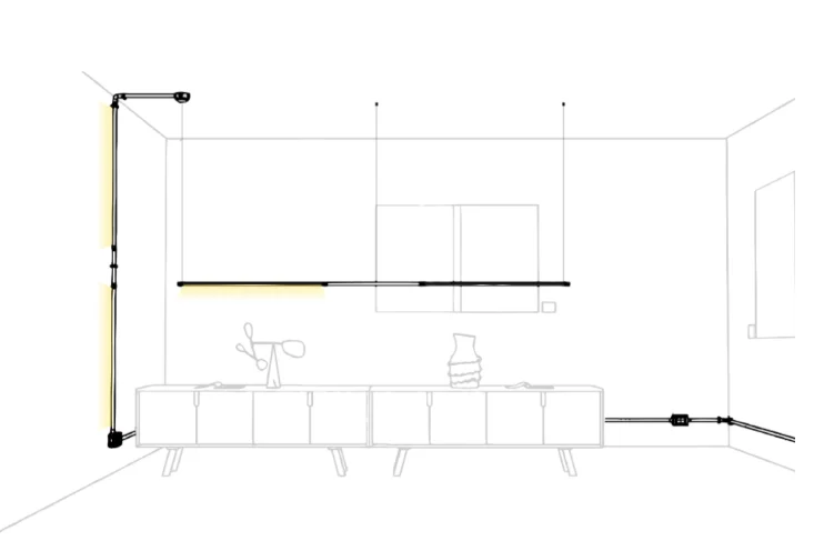 Lijntekening van een Genuit-opstelling: buis langs wand en plafond met armaturen