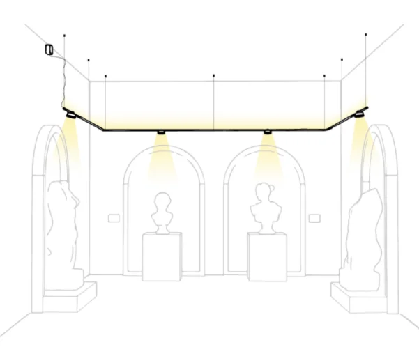 Lijntekening van een Genuit-opstelling: buis langs wand en plafond met armaturen