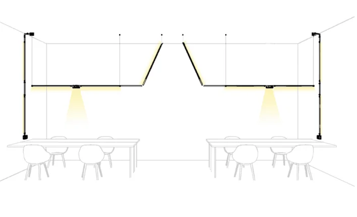 Lijntekening van een Genuit-opstelling: buis langs wand en plafond met armaturen