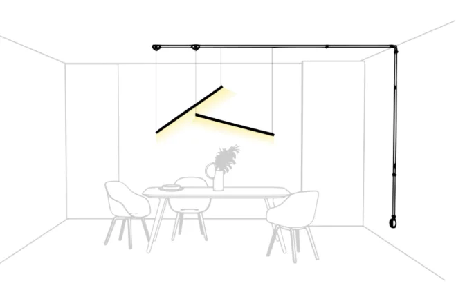 Lijntekening van een Genuit-opstelling: buis langs wand en plafond met armaturen