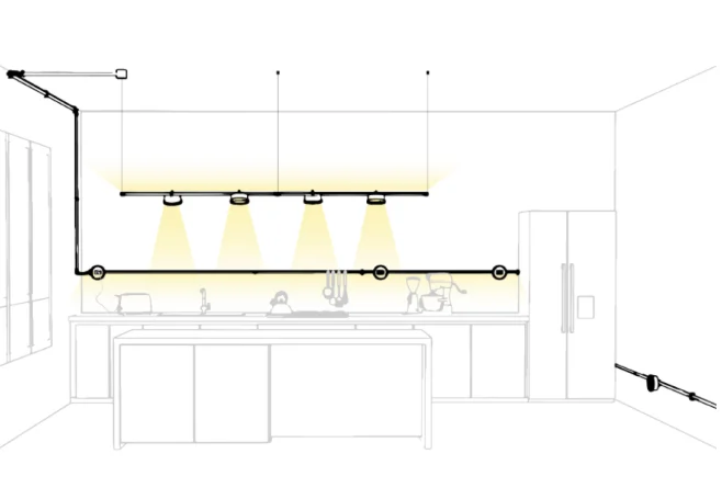 Lijntekening van een Genuit-opstelling: buis langs wand en plafond met armaturen